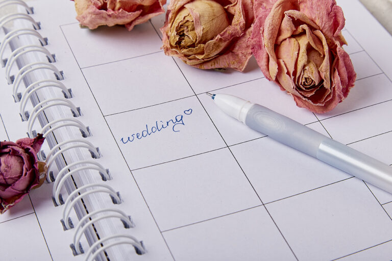 A photo of a weekly planner with 'wedding' written onto it. Starts Wedding Planning Season