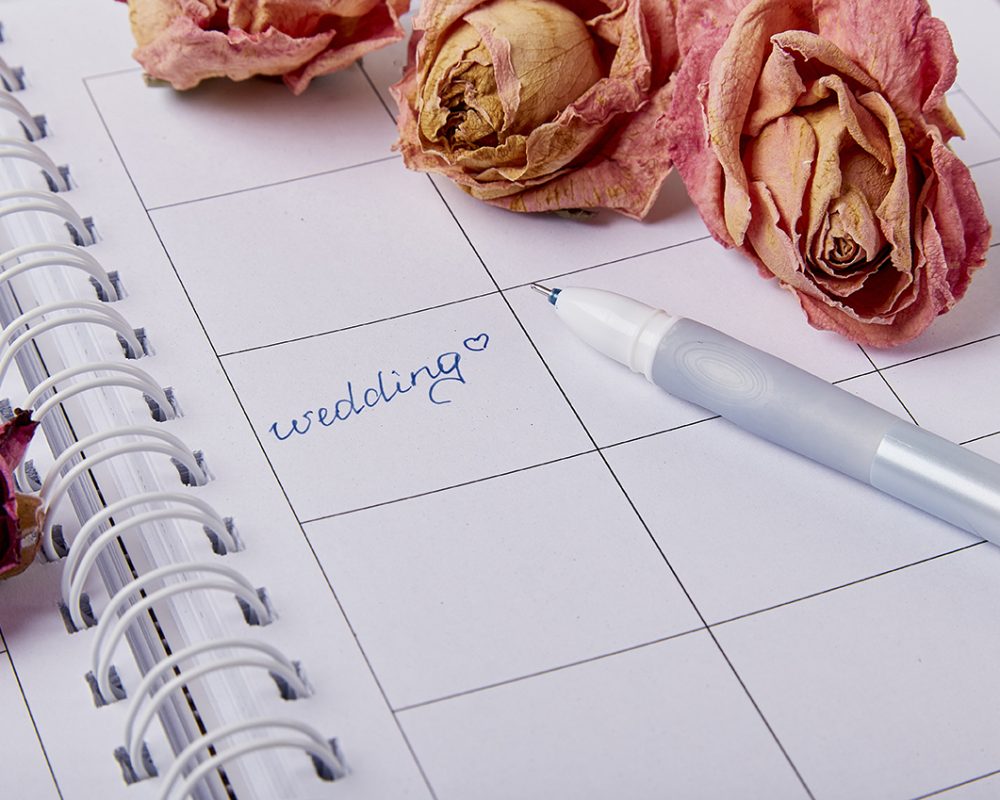 A photo of a weekly planner with 'wedding' written onto it. Starts Wedding Planning Season